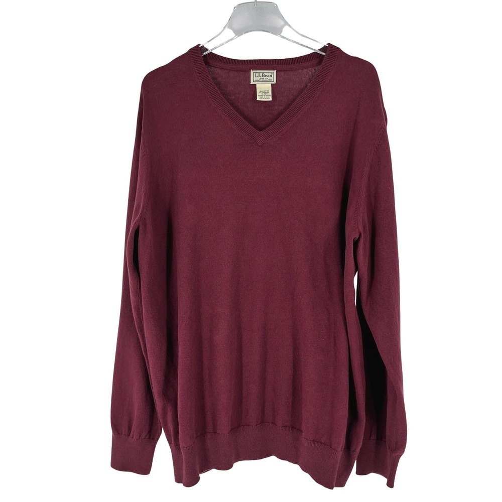 LL Bean Mens XL V-Neck Sweater Burgundy Cotton Cashmere Blend 274603